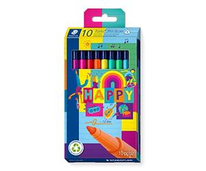 Staedtler Triplus Happy Fibre-Tip Pens, Ergonomic Triangular Shaft, Line Width 1.0 mm, Long Life, 10 Fibre-Tip Pens in Assorted Happy Colours in Cardboard Case, 323 C10 HA