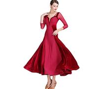 Stafeny Ballroom Dance Dresses for Women Velvet Waltz Tango Competition Costumes Splice Modern Dancing Outfit A-Line,Red,XXL