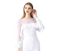 Stafeny Long Sleeve Flamenco Waltz Bodysuit Top for Women Ruffles Modern Smooth Tango Party Practice Clothing Mesh Splice Salsa Ballroom Dance Coat,White,XL
