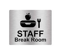 Staff Break Room Adhesive Door Sign - Silver, 1 mm Aluminium, 120×100 mm, Peel & Stick, Universal Icon, Waterproof Wipe-Clean Metal Plate for Offices/Shops/Schools