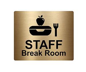 Staff Break Room Sign Adhesive Sticker Notice Door Sign, Metallic Silver or Gold engraves black with Universal Icon Symbol and Text (Size 120mm x 100mm) (Gold)