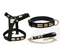 STAFF STAFFIE STAFFORDSHIRE BULL TERRIER DOG HARNESS, COLLAR AND CHAIN LEAD SET BLACK & BROWN BRASS (DF) (BLACK)