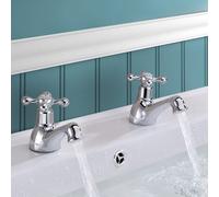 Stafford Classic Cross Head Basin Hot & Cold Tap Pair Solid Brass with Square Cap Waste