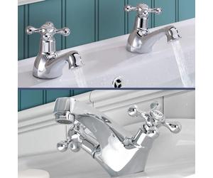 Stafford Victorian Bathroom Basin Cross Head Twin Taps & Basin Mono Mixer Tap