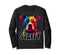 Staffordshire Bull Terrier Colorful Staffy Dog Face Black Long Sleeve T-Shirt