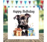Staffordshire Bull Terrier Dog Birthday Card with confetti and birthday Present. Space for your own message inside. Can be personalised - with Matching Envelope
