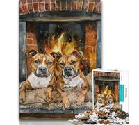 Staffordshire Bull Terrier Roasting Fire Jigsaw Puzzles for Teenagers 1000 Piece,Educational Games Home Decoration Artists Collection,Fine Art (38x26cm)