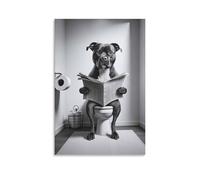 Staffordshire Bull Terrier Toilet Reading Newspaper Funny Bathroom Toilet Canvas Wall Art Posters For Room Aesthetic And Decor Poster For Bedroom Kitchen Bathroom Living Room Office Decor 16x24inch(40