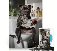 Staffordshire Terrier on The Toilet Reading Newspaper Jigsaw Puzzles for Adults 1000 Piece Smart Reason Toy Family Bond Smooth Edge Art Display 38x26cm