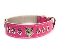 Staffy Deep Pink Leather Dog Collar with Decorative Design and Staffordshire Bull Terrier Head Motif 1.5" Wide (Small: 16" - 20")