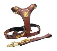 Staffy Dog Harness with Collar And Chain Lead Luxury Brown Leather Set Comfort Fit with Brass Knot Design