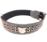 Staffy Grey Top Grain Leather Dog Collar with Studded Design and Staffordshire Bull Terrier Head Motif 1.5" Wide (Medium: 18" - 22")