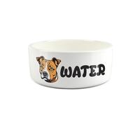 Staffy Pet Bowl - Cartoon Staffordshire Bull Terrier Dog Portrait Large Ceramic Water Bowl - Novelty White Water Dish For Dogs