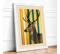 Stag Against Geometry Mid Century Framed Wall Art Print A3 White | Ready to Hang, Premium Gi Paper, Fade-Resistant Inks, Securely Packaged, UK Made