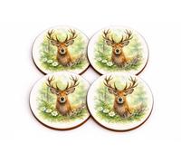Stag Art Coasters Set of 4, Watercolour Woodland Design, 9cm Round MDF with Cork Backing