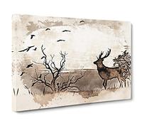 Stag Deer With Birds Canvas Print | Gallery Wrapped 30mm Frame Wall Art | 24x16 inches | Ready to Hang | Abstract Animals Picture | Living Room Bedroom Lounge Office
