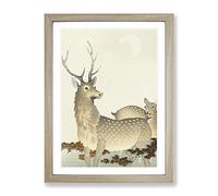 Stag & Doe Deer By Ohara Koson Asian Japanese Framed Wall Art Print, Ready to Hang Picture for Living Room Bedroom Home Office Décor, Oak A2 (64 x 46 cm)