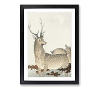 Stag & Doe Deer by Ohara Koson Framed Print | A2 Black Framed Wall Art | Ready to Hang | Modern Animal Picture | Living Room Bedroom Lounge Office