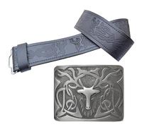 Stag Head Kilt Belt and Buckle Set - Elegant Celtic Polished Pewter Design featuring a stag's head Embossed Kilt Belt Black Leather, Kilts Formal Wedding Attire (Antique Silver, L - 38" - 42")