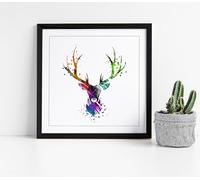 Stag Head Paintinn with Watercolour Stunning Framed Wall Art Picture Print Square - 45cm wide x 45cm high - Black Frame