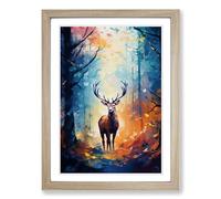 Stag in a Forest Impressionism Framed Print | A2 Oak Framed Wall Art | Ready to Hang | Impressionist Animal Picture | Living Room Bedroom Lounge Office
