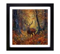 Stag in a Forest Neo-Impressionism No.1 Framed Print | 18x18 Inch Black Framed Wall Art | Ready to Hang | Impressionist Animal Picture | Living Room Bedroom Lounge Office