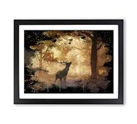 Stag in an Autumn Forest Landscape Modern CB Framed Wall Art Print, Ready to Hang Picture for Living Room Bedroom Home Office Décor, Black A4 (34 x 25 cm)