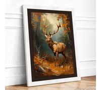 Stag in Autumn Forest Rustic Framed Wall Art Print A3 White | Ready to Hang, Premium Gi Paper, Fade-Resistant Inks, Securely Packaged, UK Made