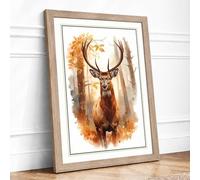 Stag in Autumn Mist Boho Framed Wall Art Print A3 Oak | Ready to Hang, Premium Gi Paper, Fade-Resistant Inks, Securely Packaged, UK Made