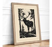 Stag in Forest Clearing Woodblock Framed Wall Art Print A4 Oak | Ready to Hang, Premium Gi Paper, Fade-Resistant Inks, Securely Packaged, UK Made