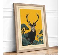 Stag in Gold Mid Century Framed Wall Art Print A3 Oak | Ready to Hang, Premium Gi Paper, Fade-Resistant Inks, Securely Packaged, UK Made
