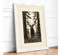 Stag in the Forest Rustic Framed Wall Art Print A4 White