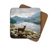 Stag Lake Drinks Coaster by Wildlife Artist Julian Friers - Individual Stag Coaster - Non-Slip, Cork-Backed Table Coaster