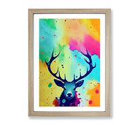 Stag Painted No.2 Framed Print | A2 Oak Framed Wall Art | Ready to Hang | Modern Animal Picture | Living Room Bedroom Lounge Office