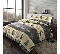 Stag Tartan Thermal Flannel Duvet Cover Set XMAS Brushed Cotton Soft Festive Christmas Design Ultra Warm Comfort (Grey, Double)