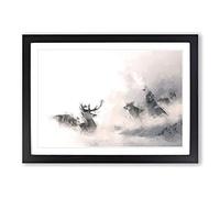 Stag & Wolf with at Winter in Abstract Framed Print | A2 Black Framed Wall Art | Ready to Hang | Abstract Animal Picture | Living Room Bedroom Lounge Office