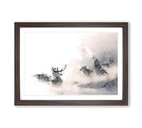 Stag & Wolf with at Winter in Abstract Framed Print | A2 Walnut Framed Wall Art | Ready to Hang | Abstract Animal Picture | Living Room Bedroom Lounge Office