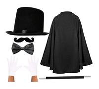 Stage Magician Costume Kit For Adults - 6 Piece Set Including: Black Top Hat, Bow Tie, Cape, White Gloves, Wand and Moustache