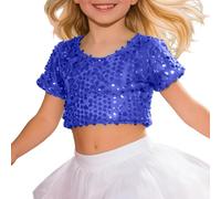 Stage Performance Top for Girls Glitter Sequin Crop Tee Short Sleeve Elastic Shirt Singing Dancing Show Wear Carnival Jumper Age 10 Sparkle Yellow Kids Long Black