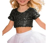 Stage Performance Top for Girls Glitter Sequin Crop Tee Short Sleeve Elastic Shirt Singing Dancing Show Wear Carnival Jumper Age 10 Sparkle Yellow Kids Long Black