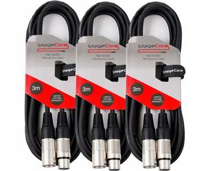 Stagecore 3x 3M Black XLR Male to Female Microphone Lead Audio Signal Cable Pack