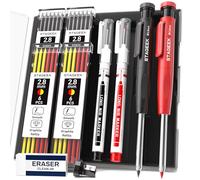 STAGEEK 2PCS Carpenter Pencils with Sharpener, Heavy Duty Woodworking Tools, Mechanical Pencil Set with 26 Refills, Deep Hole Long Nib Marker Pens for Architect Marking with Case (Black, Red)