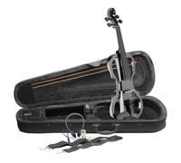 Stagg Full Size 4/4 Electric Silent Violin Set with Bow, Hard Case, Strap, Stereo Headphones and Rosin, Metallic Black, X Shape