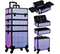 Stagiant 4-in-1 Makeup Trolley Vanity Case Makeup Case Make Up Box Organiser Storage Hairdressing Trolley on Wheels Nail Technician Polish Organiser Box, Shiny Purple
