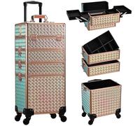Stagiant 4-in-1 Makeup Trolley Vanity Case Makeup Case Make Up Box Organiser Storage Hairdressing Trolley on Wheels Nail Technician Polish Organiser Box, Shiny Gold