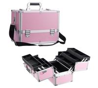 Stagiant Extra Large Makeup Case Vanity Case Make up Organiser Professional Makeup Storage Cosmetic Organiser Case Lockable Storage Box Nail Polish Organiser 6 Trays and Shoulder Strap, Pink