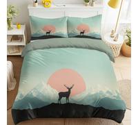 Stags Mountains Sun Moon Double Duvet Cover Set - Geometric Nature Bedding 260 x 220 cm, Super Soft Microfibre Quilt Cover and Pillowcases with Zip, Reversible Design