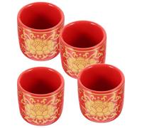 STAHAD Buddhist Water Offering Cups 4Pcs Ceramic Set, 1.77 Inch Red Temple Chalices with Lotus Pattern and Gold Rim for Household Rituals and Worship