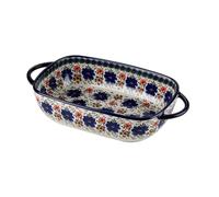 STAHAD Ceramic Double Handle Salad Baking Bowl Medium Rectangular Blue Clover Pattern Oven-Safe Decorative Serving Dish for Kitchen and Restaurant Use