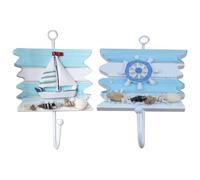 STAHAD Mediterranean Style Wooden Wall Hanger Hooks 2Pcs Sailboat and Ship's Wheel Design for Coastal Bathroom and Seaside Home Decoration